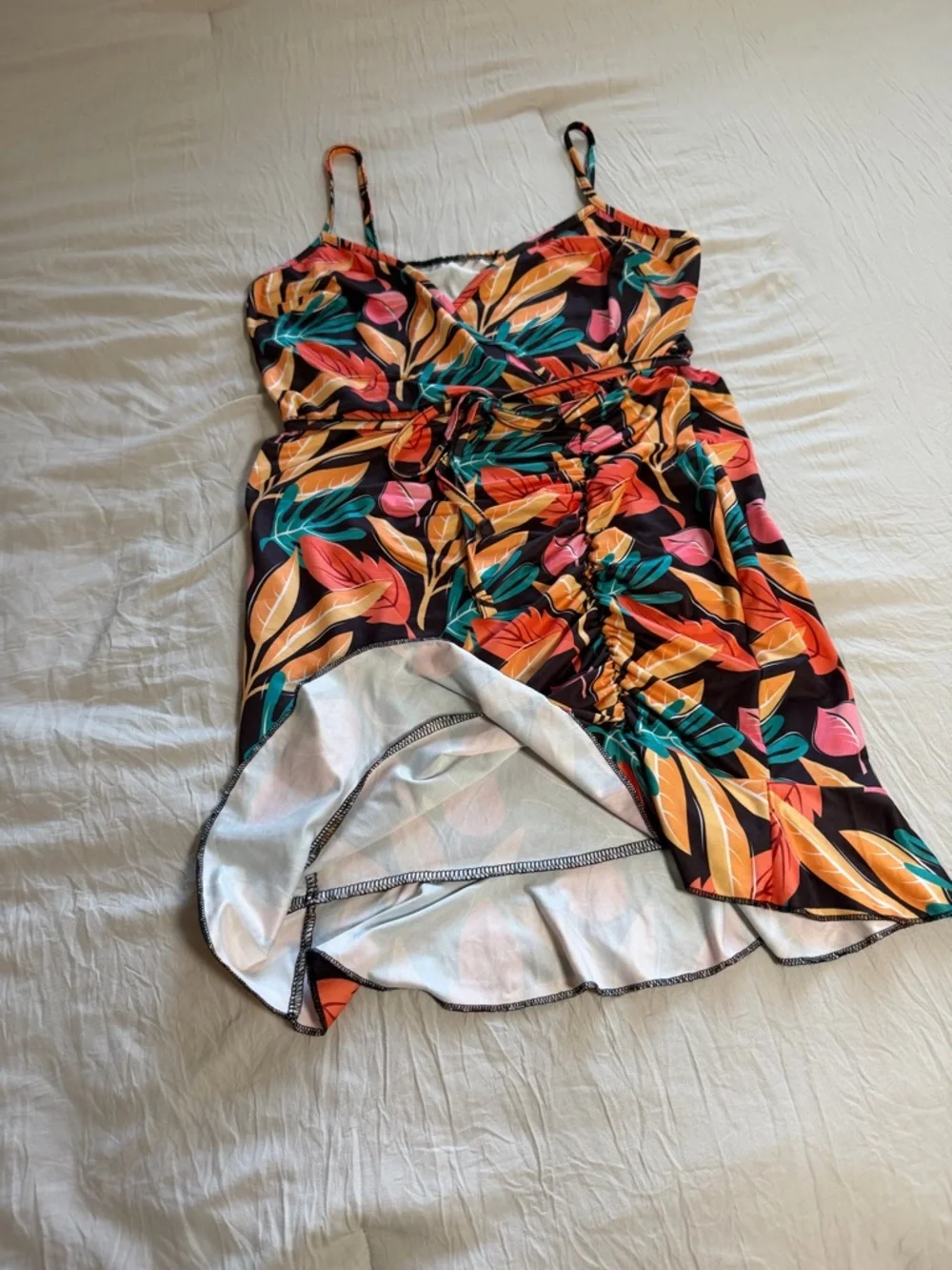 Tropical‎ Print Belted Ruched Ruffle Hem Dress Size Medium